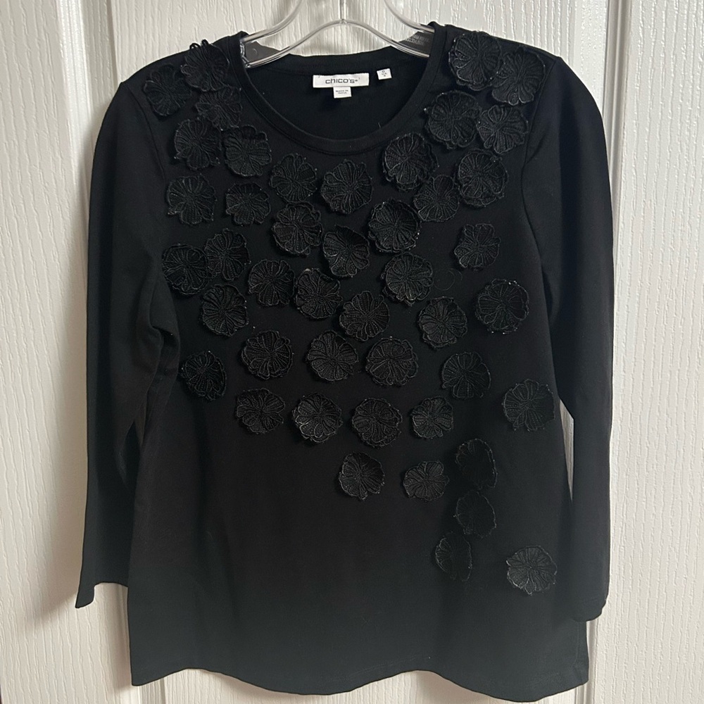 Chico's Black Floral Appliqué Long Sleeve Top